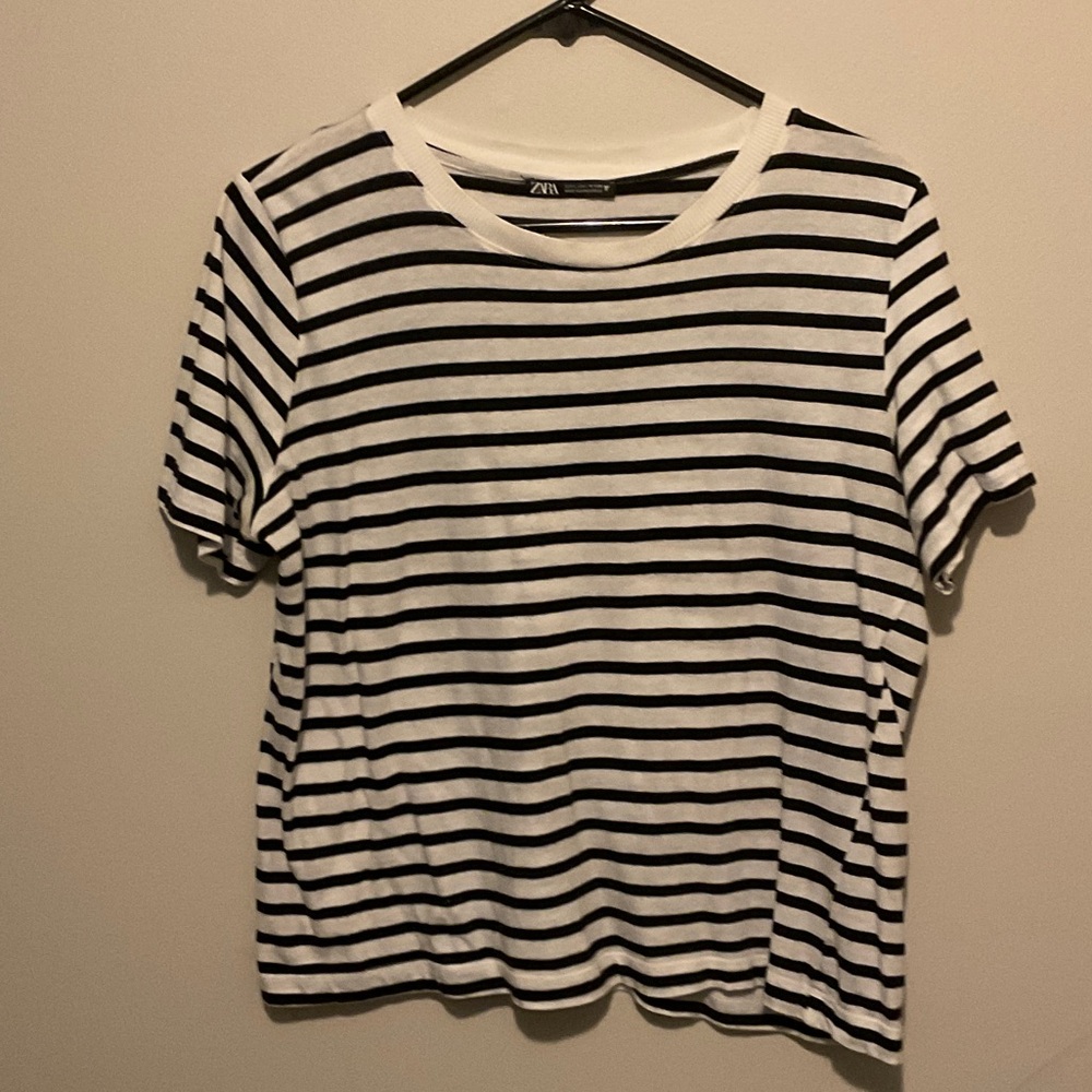 Zara Black and White Striped Short Sleeve Tee